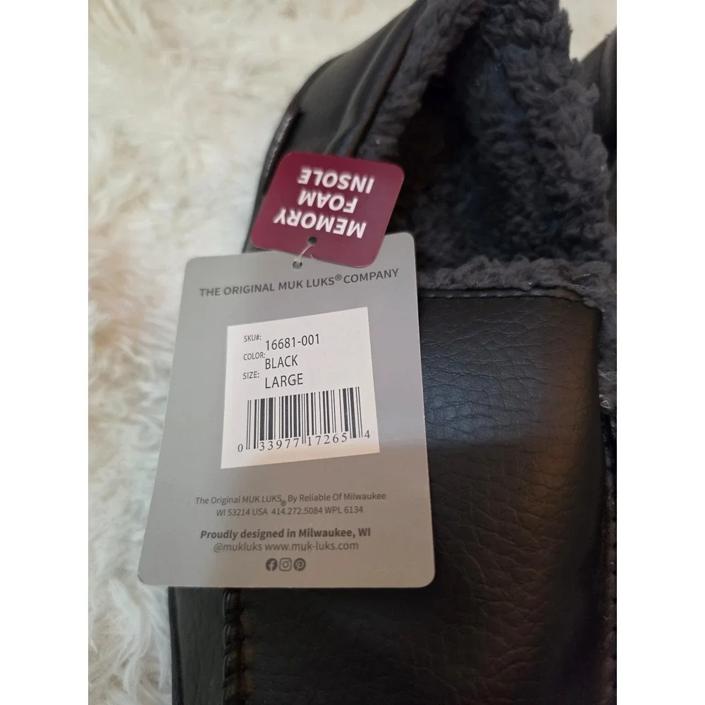 NWT Muk Luks Men's Black Faux Leather Moccasin Slippers Memory Foam Large 12-13